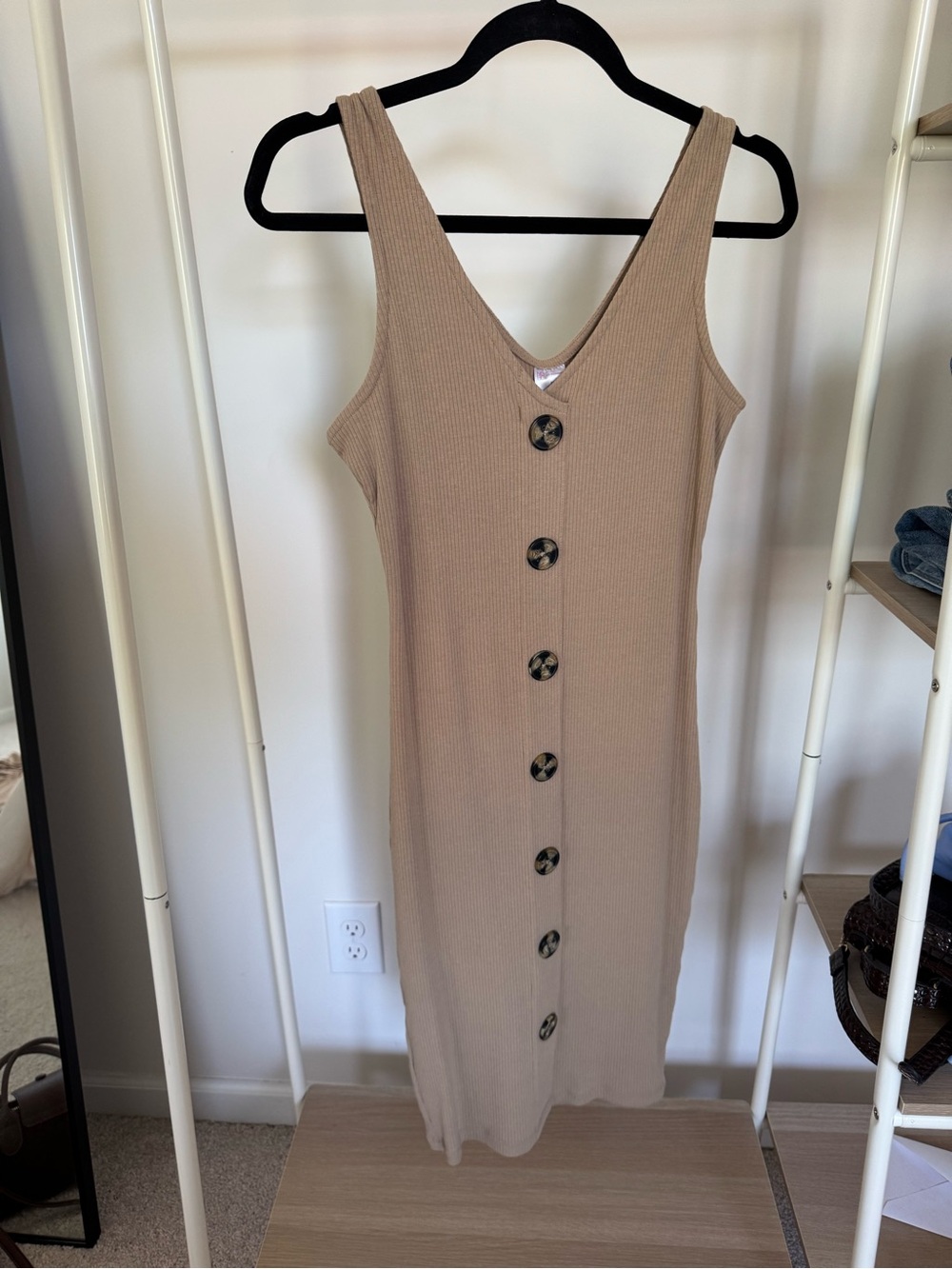 Ribbed Button-Front Tank Midi Dress in Beige
